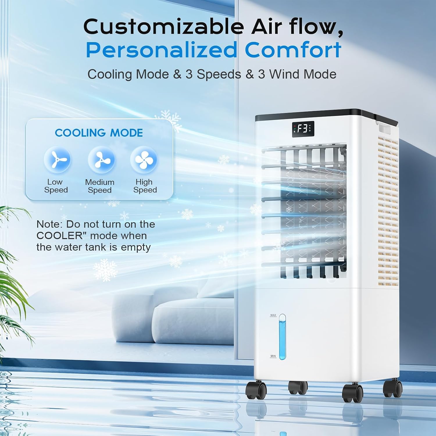 Mobile Air Conditioners, 60W Evaporative Air Cooler, LED Display 10M/S 3 Modes 8L Tank 12H Timer 60°/120° Oscillation Low Noise, Touch/Remote Control 4 Ice Box Air Conditioner Unit for Home Bedroom [Energy Class A++]