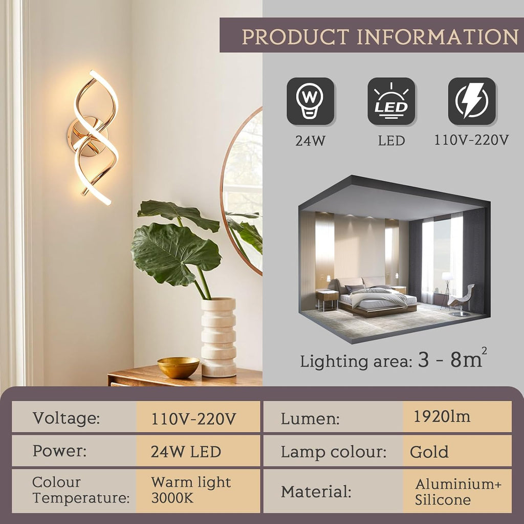 Wall Lamp LED Gold Modern Elegant Spiral Indoor Wall Lights for Bedside Bedroom Living Room Hallway Wall Lighting Fixture Warm White Light 24W