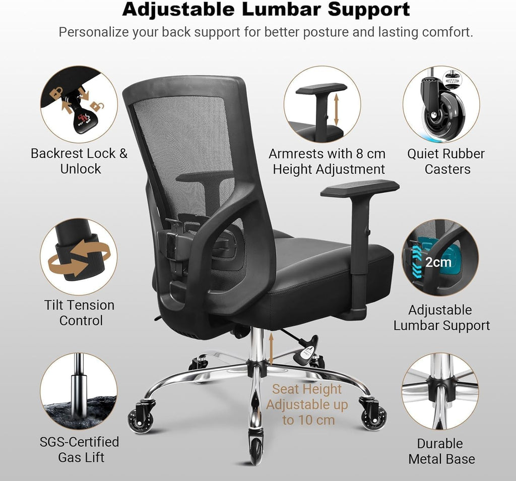 MELOKEA 440LBS/200KG Heavy Duty Office Chair, Extra Wide and Thick Spring Cushion Ergonomic Chair, Adjustable Lumbar Support & Pillow, PU Leather Big & Tall XXL for Heavy People and Sit Cross-Legged