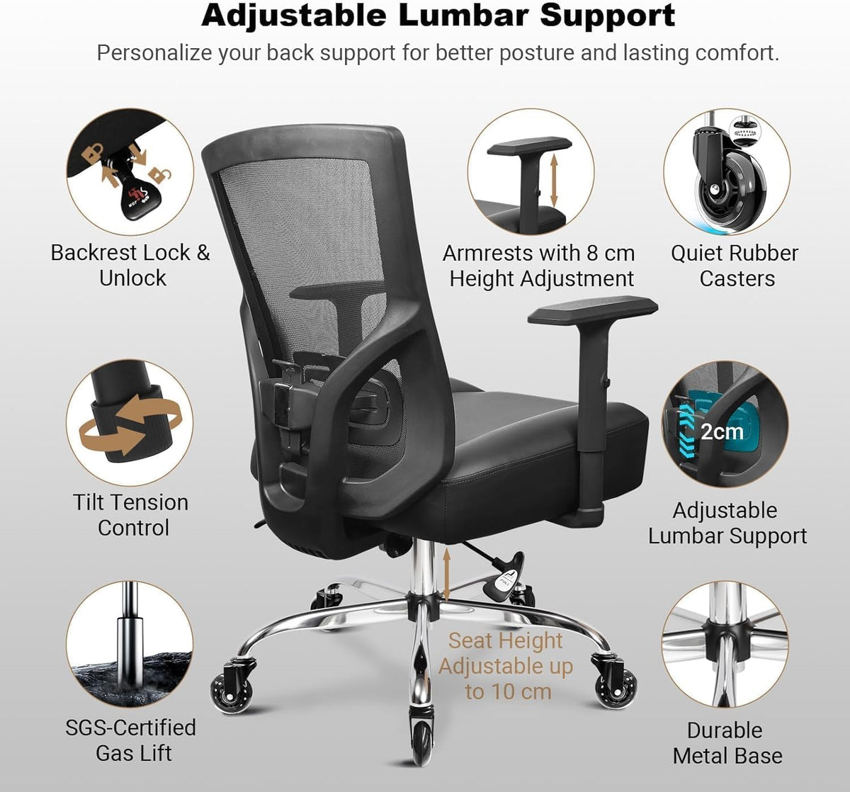 MELOKEA 440LBS/200KG Heavy Duty Office Chair, Extra Wide and Thick Spring Cushion Ergonomic Chair, Adjustable Lumbar Support & Pillow, PU Leather Big & Tall XXL for Heavy People and Sit Cross-Legged