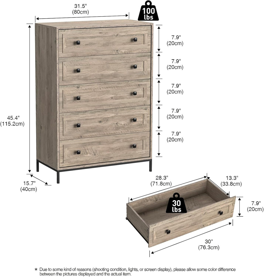 Chest of Drawers, Wood 5 Drawers Cabinet for Bedroom, Storage Unit with Metal Legs, Large Clothes Storage Dresser Organizer for Living Room Hallway, 115x80x40cm