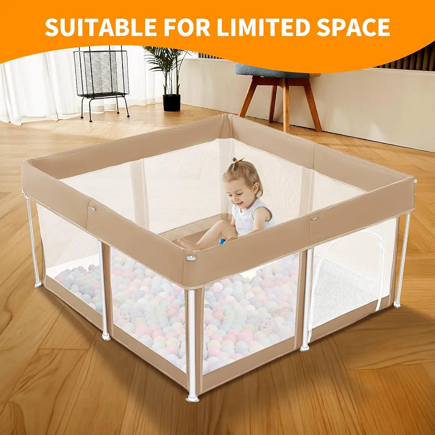 Foldable Baby Playpen,120×120cm Extra Large Collapsible Playpen for Babies and Toddlers, Indoor Outdoor Activity Center with Fence, Khaki