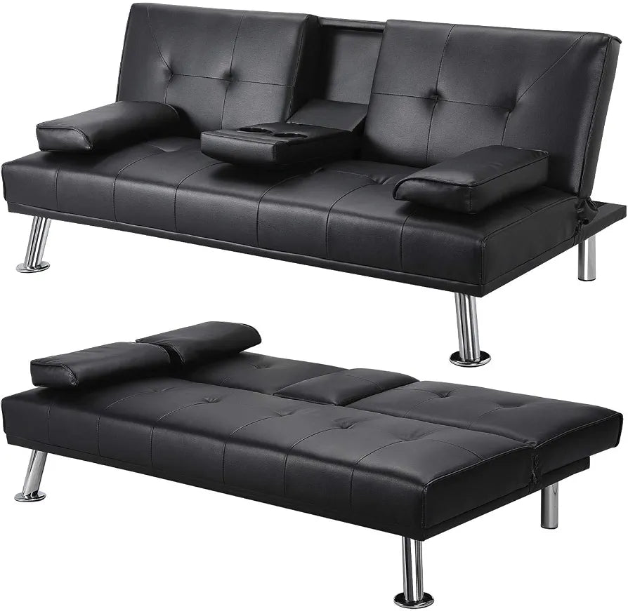 Yaheetech Click Clack Sofa Bed Faux Leather 3 Seater Sofa Couch Living Room/Spare Room/Guest Room Bed Settee With Cup Holders Black