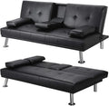 Yaheetech Click Clack Sofa Bed Faux Leather 3 Seater Sofa Couch Living Room/Spare Room/Guest Room Bed Settee With Cup Holders Black