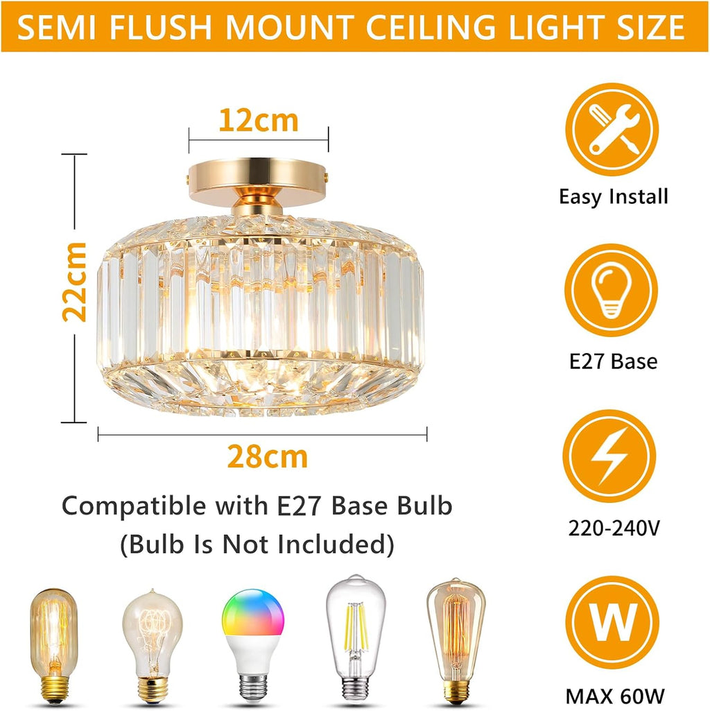 Rayofly Modern Crystal Chandeliers, Gold Ceiling Light Fitting with Glass Lampshade, Semi Flush Lights for Living Room, Bedroom, Kitchen, Hallway, Bathroom