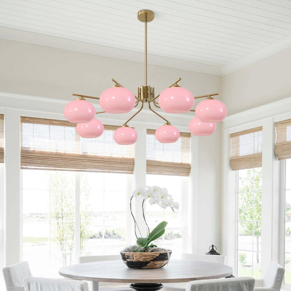 KCO Lighting Vintage Pink Glass Sputnik Chandelier with 8 Lights, Modern Living Room Brushed Brass Semi-Flush Mount Chandelier for Kitchen Island