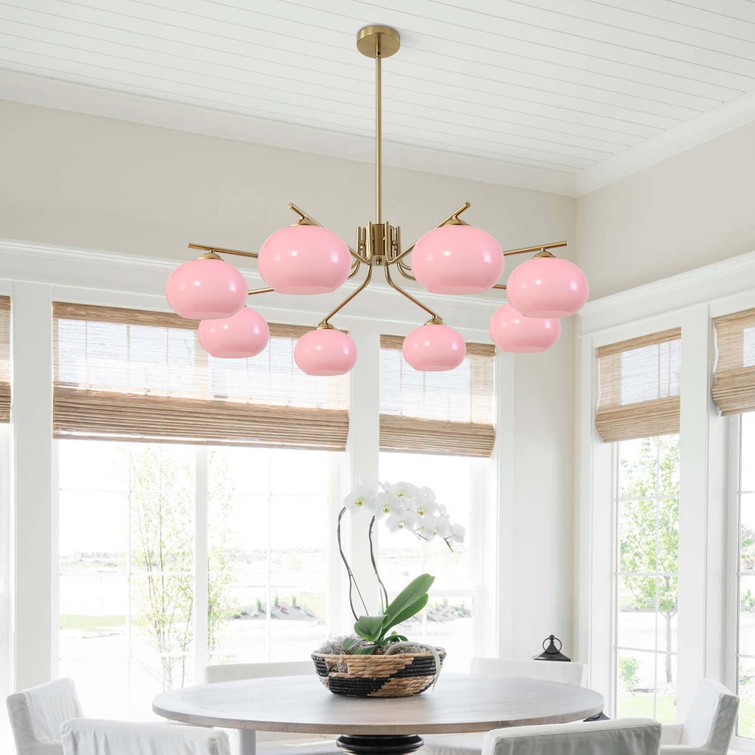KCO Lighting Vintage Pink Glass Sputnik Chandelier with 8 Lights, Modern Living Room Brushed Brass Semi-Flush Mount Chandelier for Kitchen Island