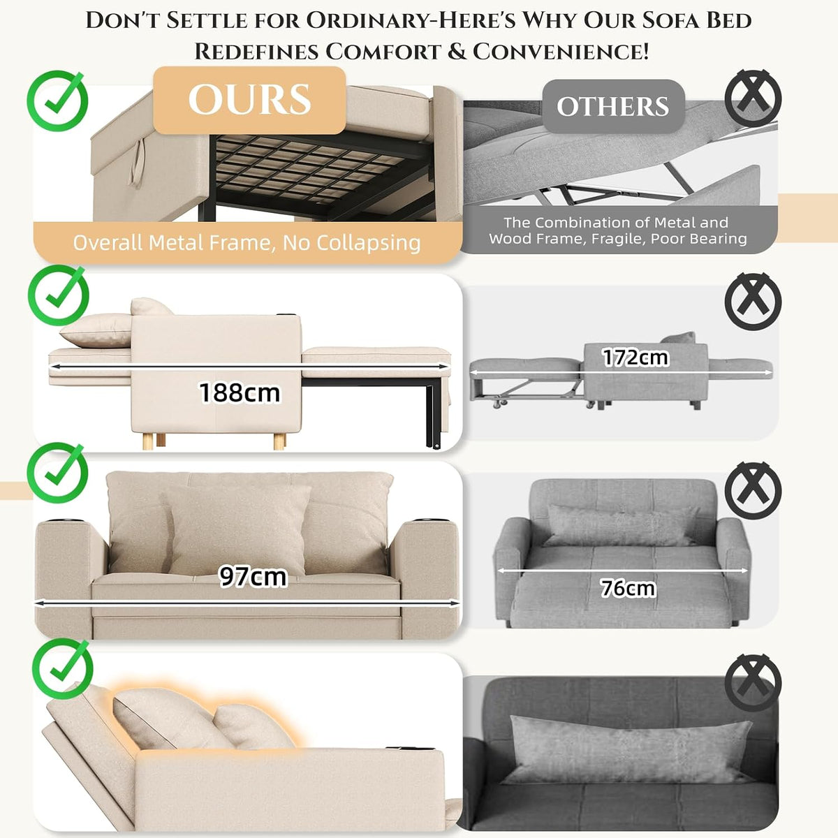 3-in-1 Single Sofa Bed Chair, Adjustable with Cup Holders, Beige