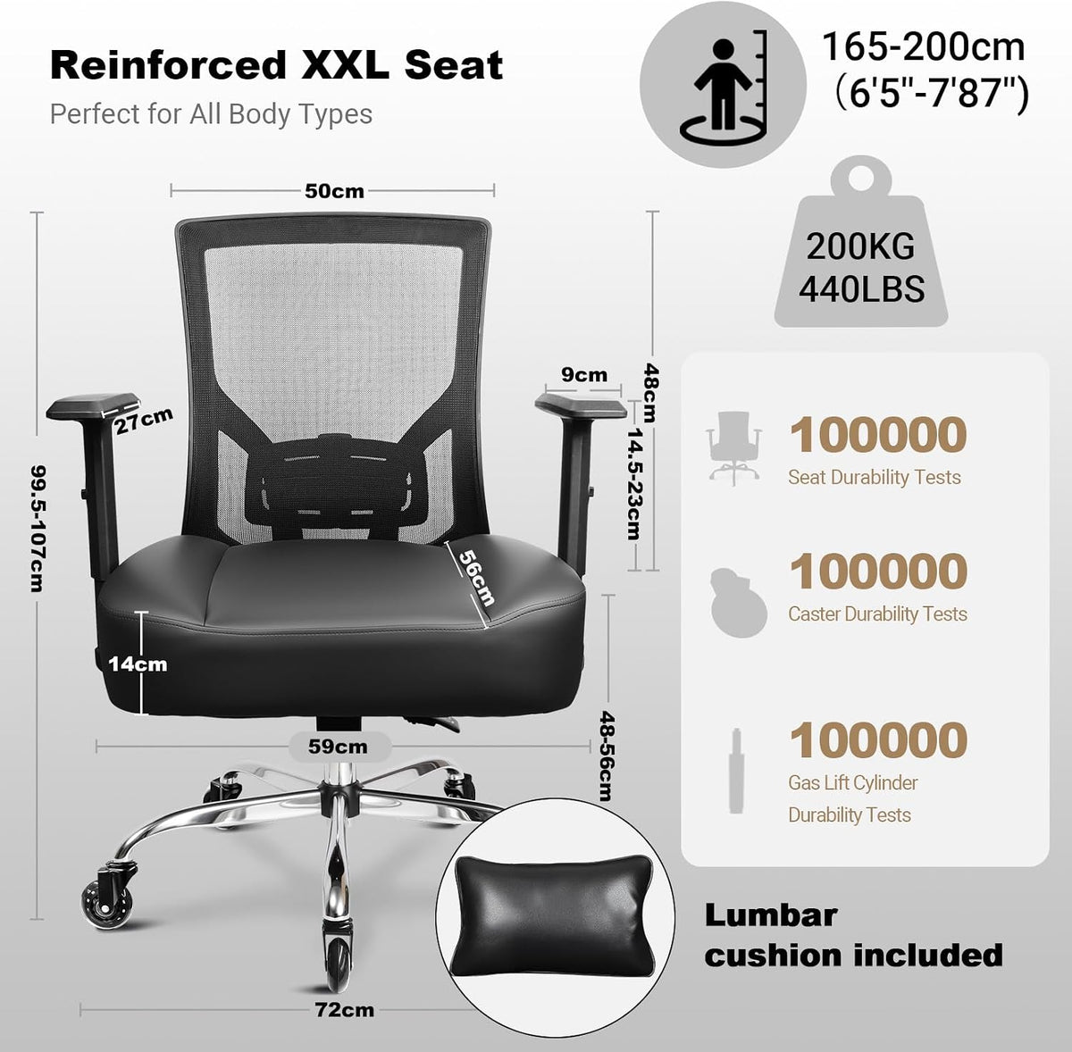 MELOKEA 440LBS/200KG Heavy Duty Office Chair, Extra Wide and Thick Spring Cushion Ergonomic Chair, Adjustable Lumbar Support & Pillow, PU Leather Big & Tall XXL for Heavy People and Sit Cross-Legged