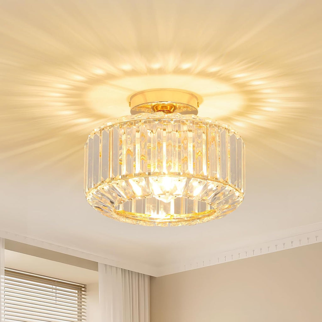 Rayofly Modern Crystal Chandeliers, Gold Ceiling Light Fitting with Glass Lampshade, Semi Flush Lights for Living Room, Bedroom, Kitchen, Hallway, Bathroom