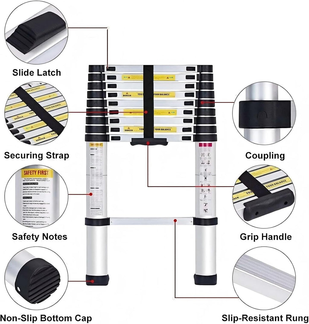 Telescopic Ladders - 8.5Ft 2.6M Telescoping Extendable Aluminium Folding Extension Extendable Portable 9 Steps 150kg Capacity Loft Collapsible