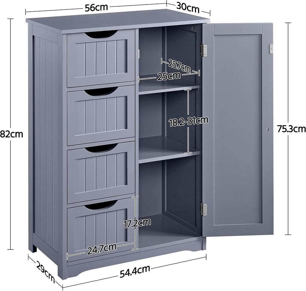 Bathroom Floor Cabinet, 4 Drawers & Door, Adjustable Shelf Gray