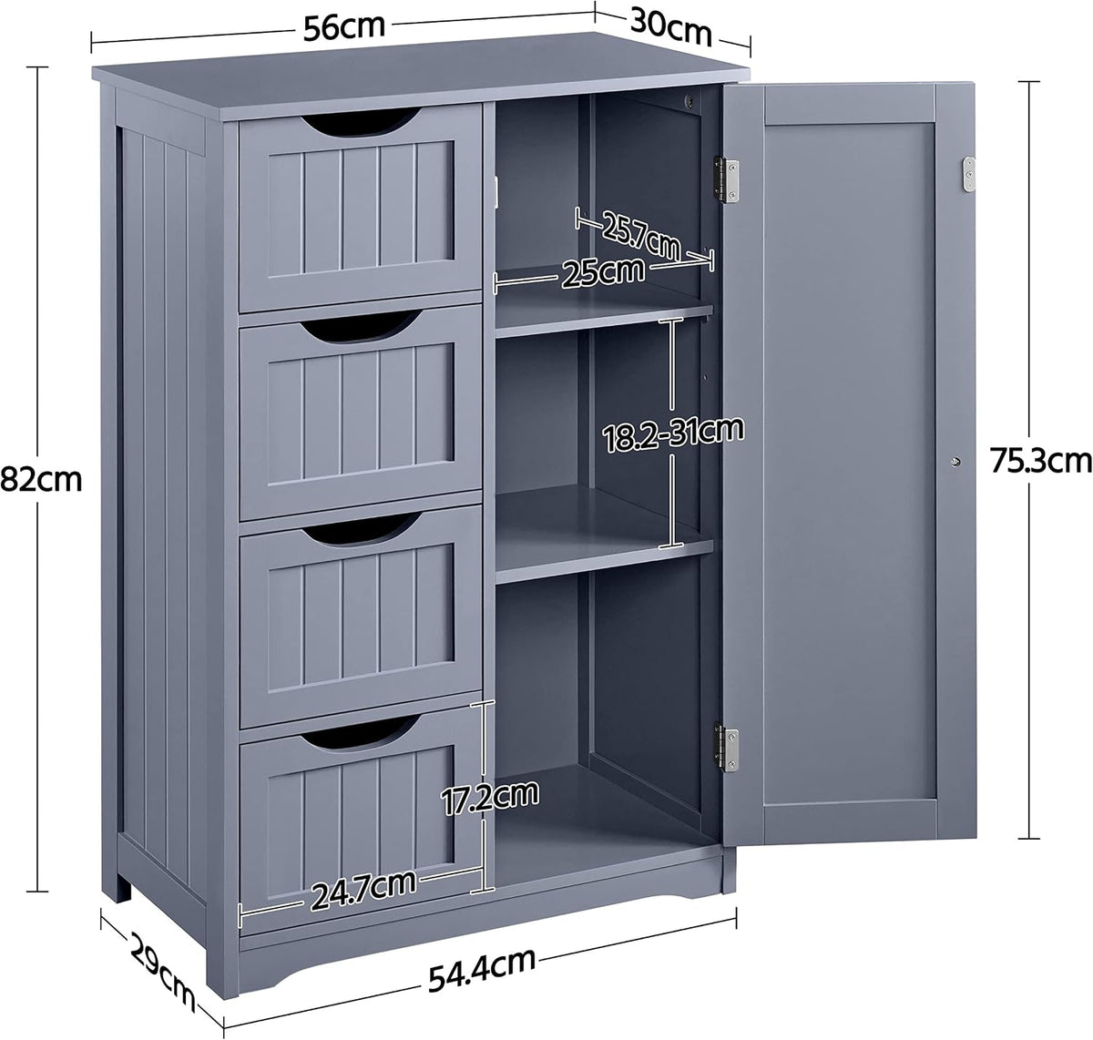 Bathroom Floor Cabinet, 4 Drawers & Door, Adjustable Shelf Gray