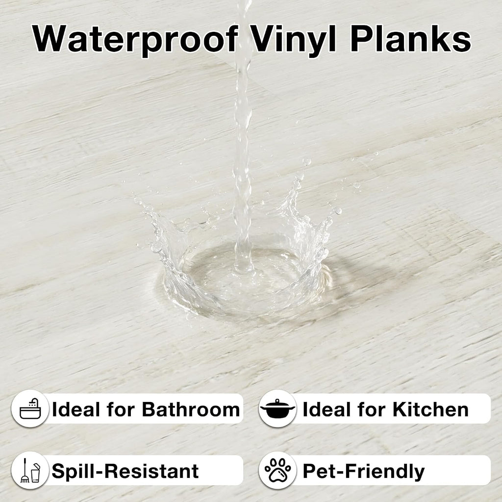 MULGREAT Vinyl Flooring, 16Pieces Self Adhesive Vinyl Floor Tiles, Waterproof Peel and Stick Floor Planks for Bedroom Bathroom Kitchen Hallway 16 Planks (2.23m²) Tea White