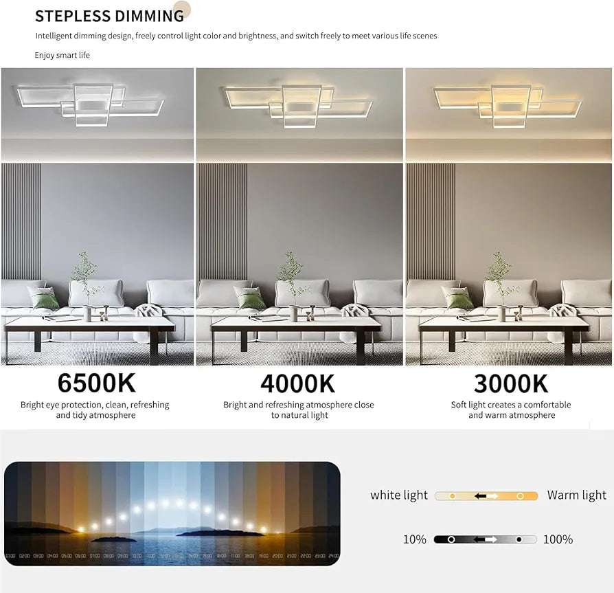 White Modern LED Ceiling Light, Dimmable Remote Control, 50W, 90cm