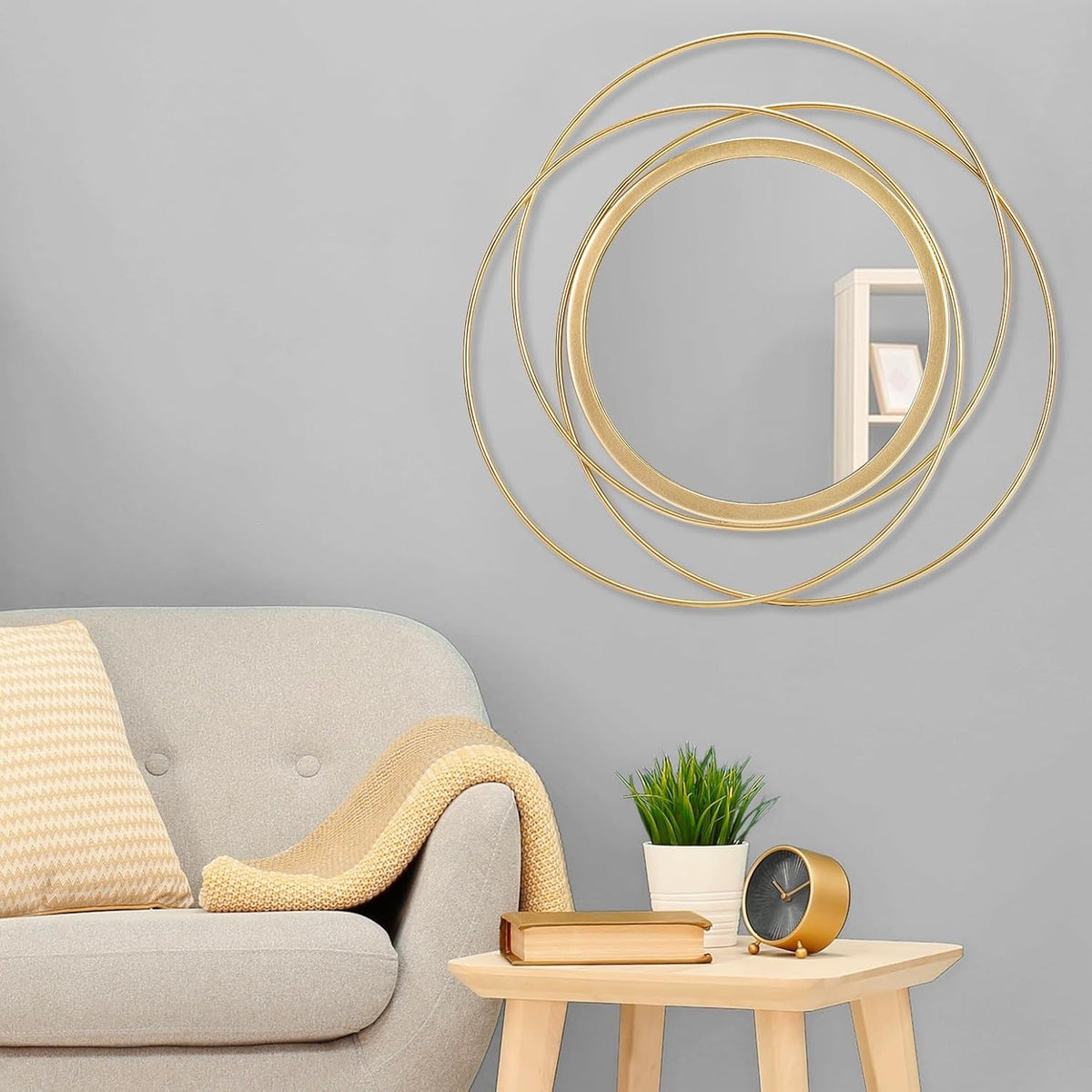 Wall Mirror Mounted Gold Large Round Decorative Mirrors, Circle Metal Art Mirror Home for Bathroom Vanity, Living Room or Bedroom 60 x 60 cm 60L x 60W cm Circle&gold