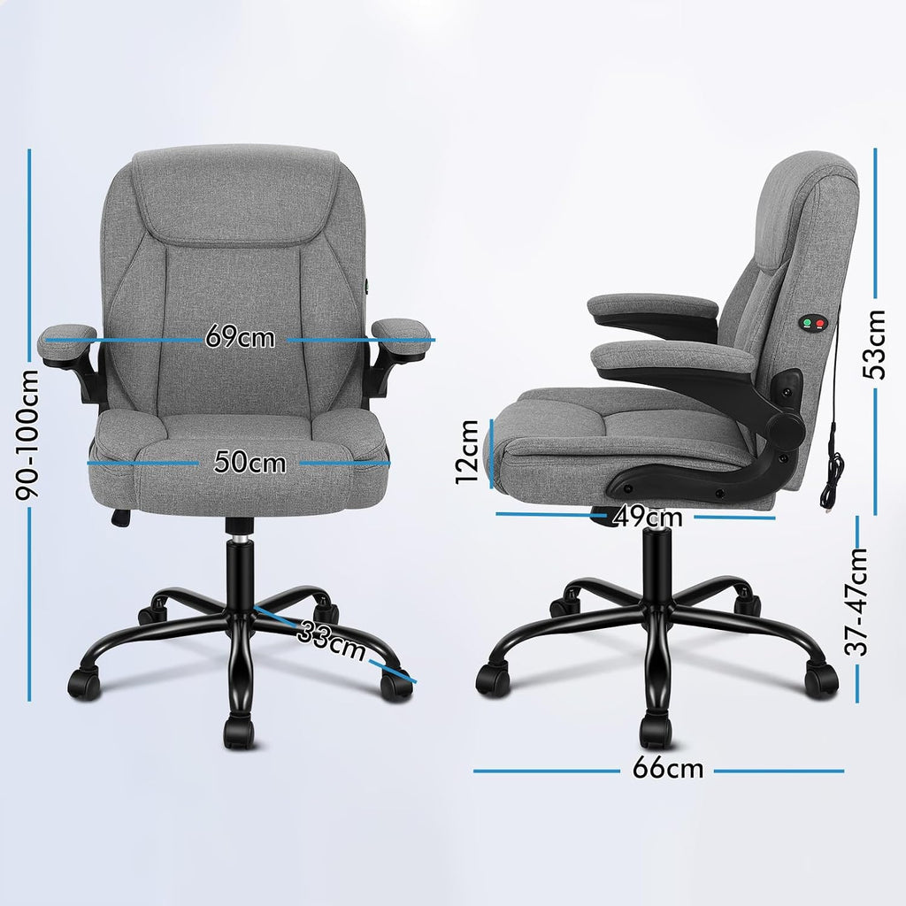 ELFORDSON Massage Home Office Chair, Mid-back Executive Work Chairs with 90° Flip-up Armrests, Adjustable Height, Swivel, Ergonomic Heavy-duty Desk Work Chair, PU Leather, Grey