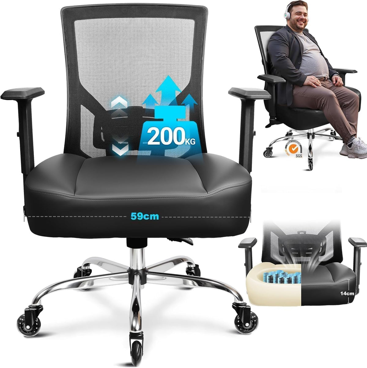 MELOKEA 440LBS/200KG Heavy Duty Office Chair, Extra Wide and Thick Spring Cushion Ergonomic Chair, Adjustable Lumbar Support & Pillow, PU Leather Big & Tall XXL for Heavy People and Sit Cross-Legged