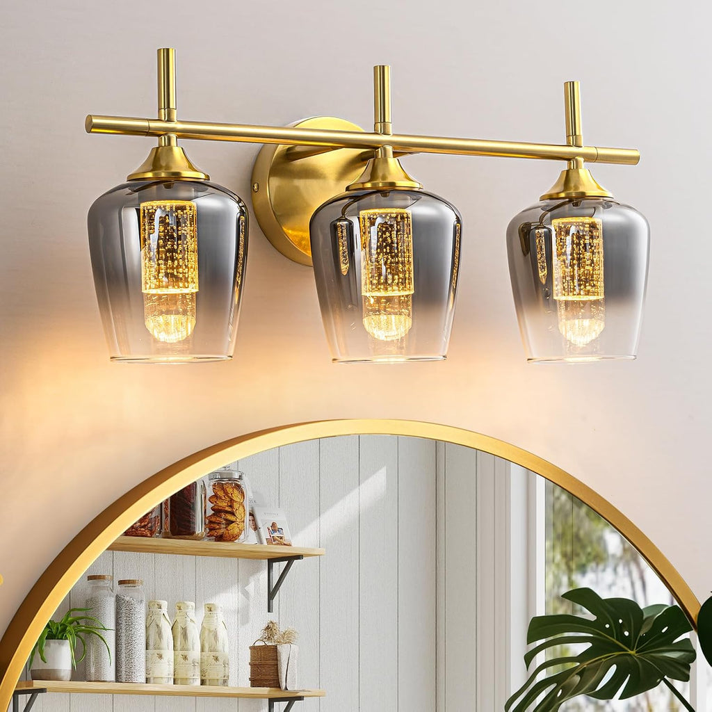 WILON Bathroom Wall Light Fixtures Over Mirror, 3-Light Bathroom lamp Wall with Grey Gradient Lampshade, Wall Lights with LED Acrylic Bubble Light Column, Wall Scones for Living Room Kitchen Bedroom