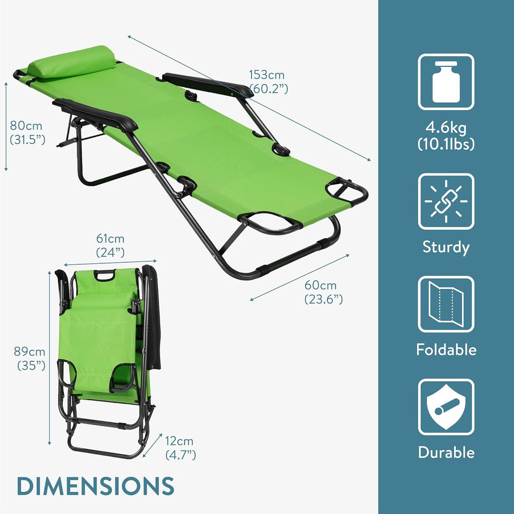 JEMIDI Sun Lounger, Green - Garden Chair with Reclining Backrest, Armrest & Headrest - Perfect for Patio, Poolside, Camping - Lightweight, Durable & Portable