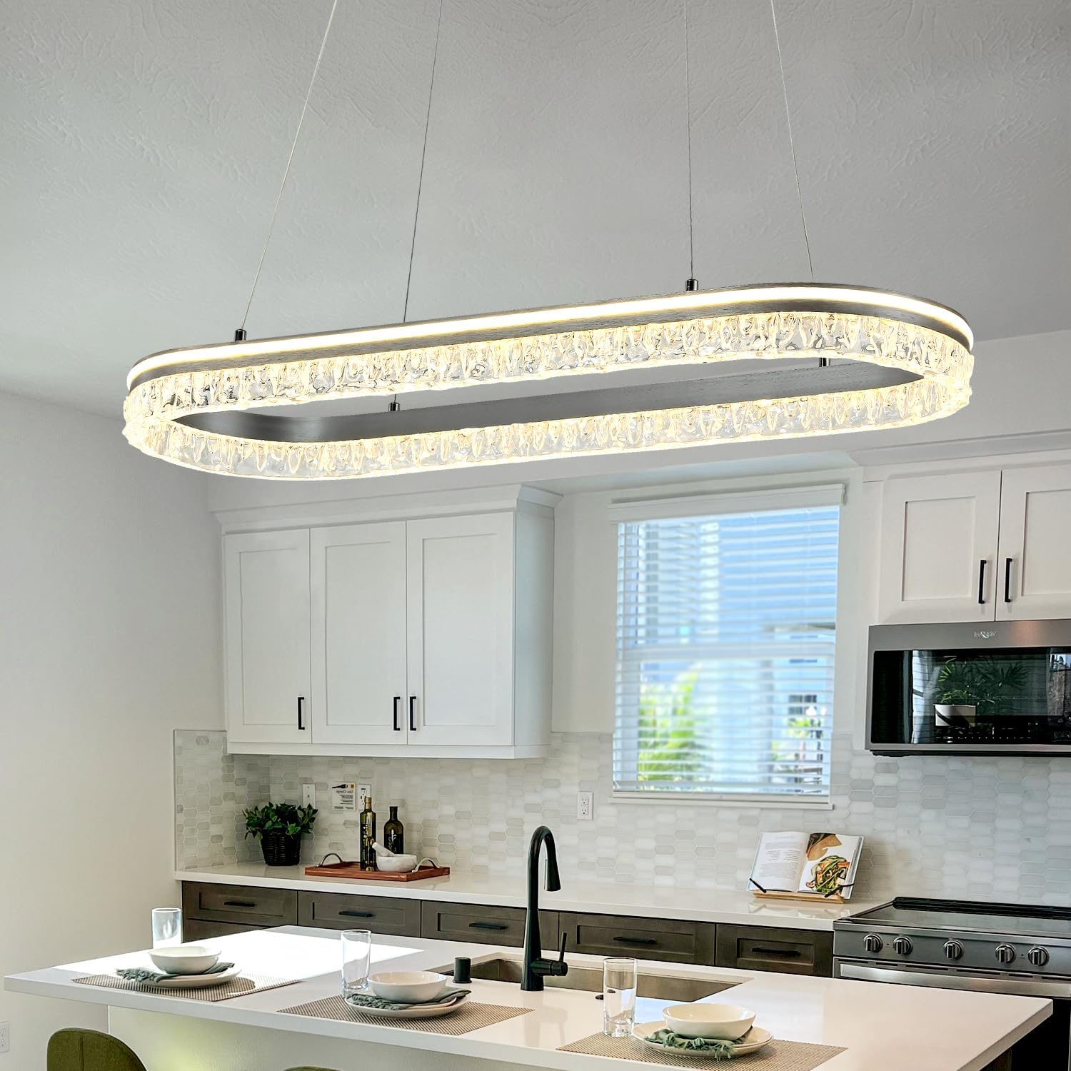 Modern Kitchen Island Chandelier with Dimmable Led Oval Track Design, Featuring A Silver Gray Aluminum Bar, Suitable for Dining Room, Kitchen, Breakfast Area, and Living Room Lighting.
