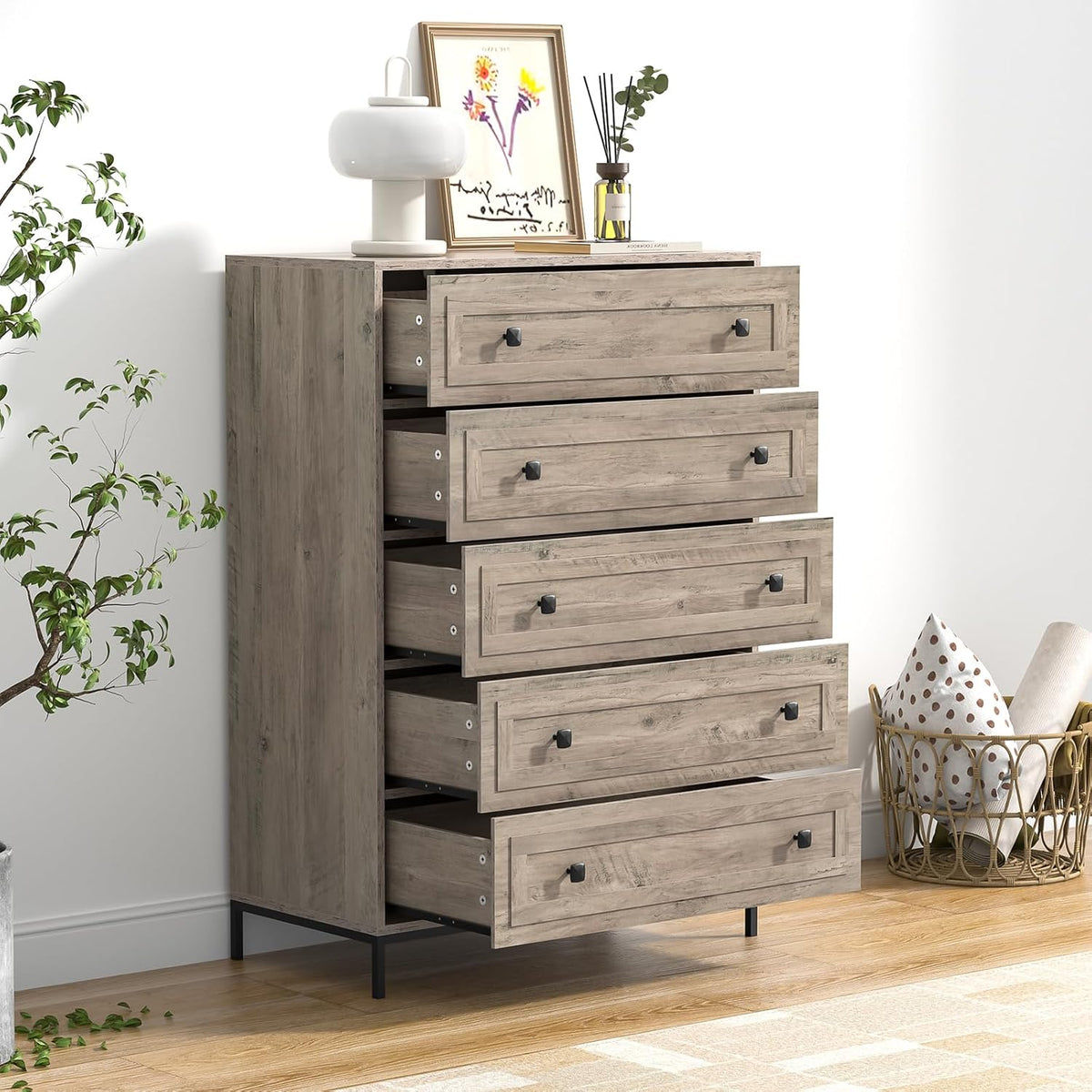 Chest of Drawers, Wood 5 Drawers Cabinet for Bedroom, Storage Unit with Metal Legs, Large Clothes Storage Dresser Organizer for Living Room Hallway, 115x80x40cm