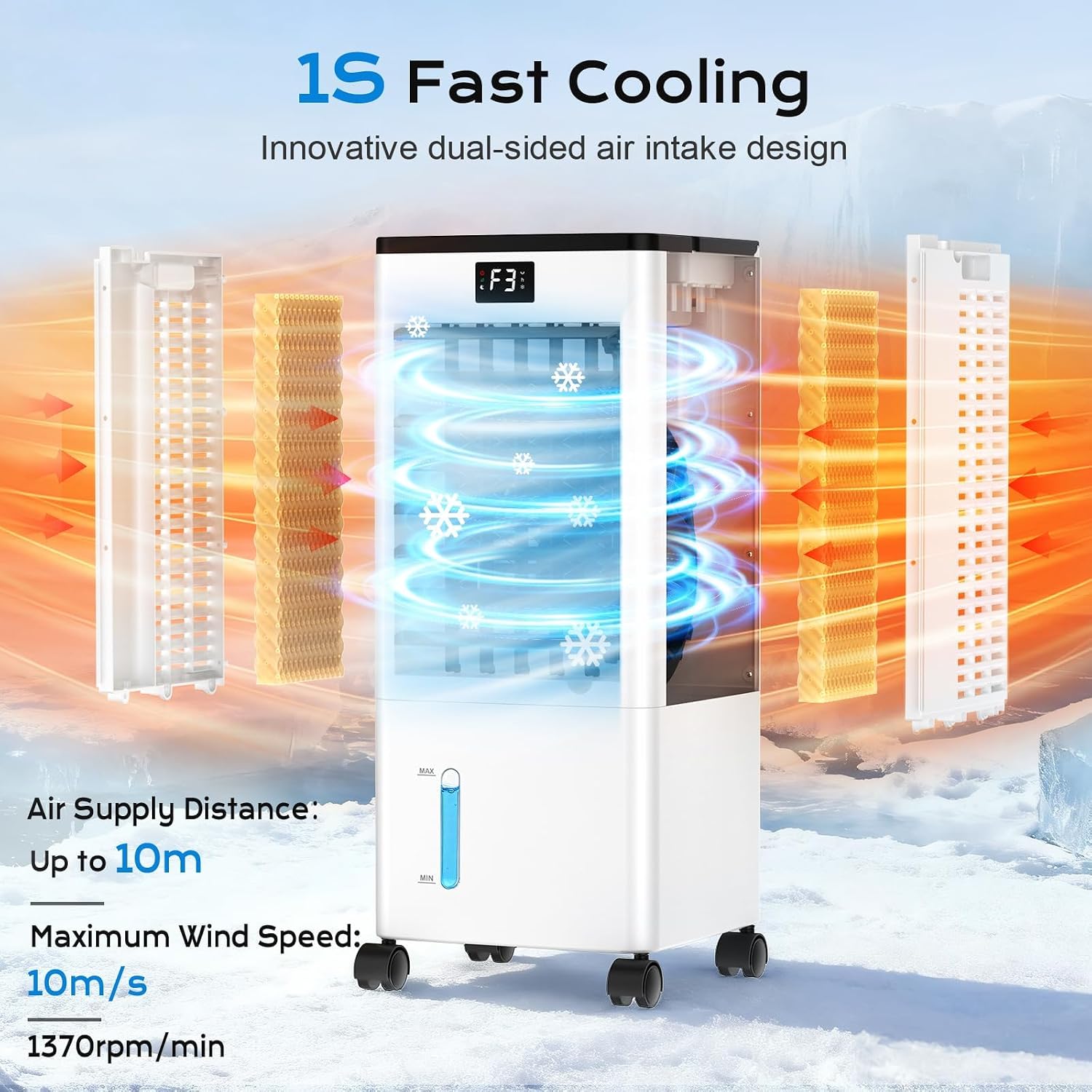 Mobile Air Conditioners, 60W Evaporative Air Cooler, LED Display 10M/S 3 Modes 8L