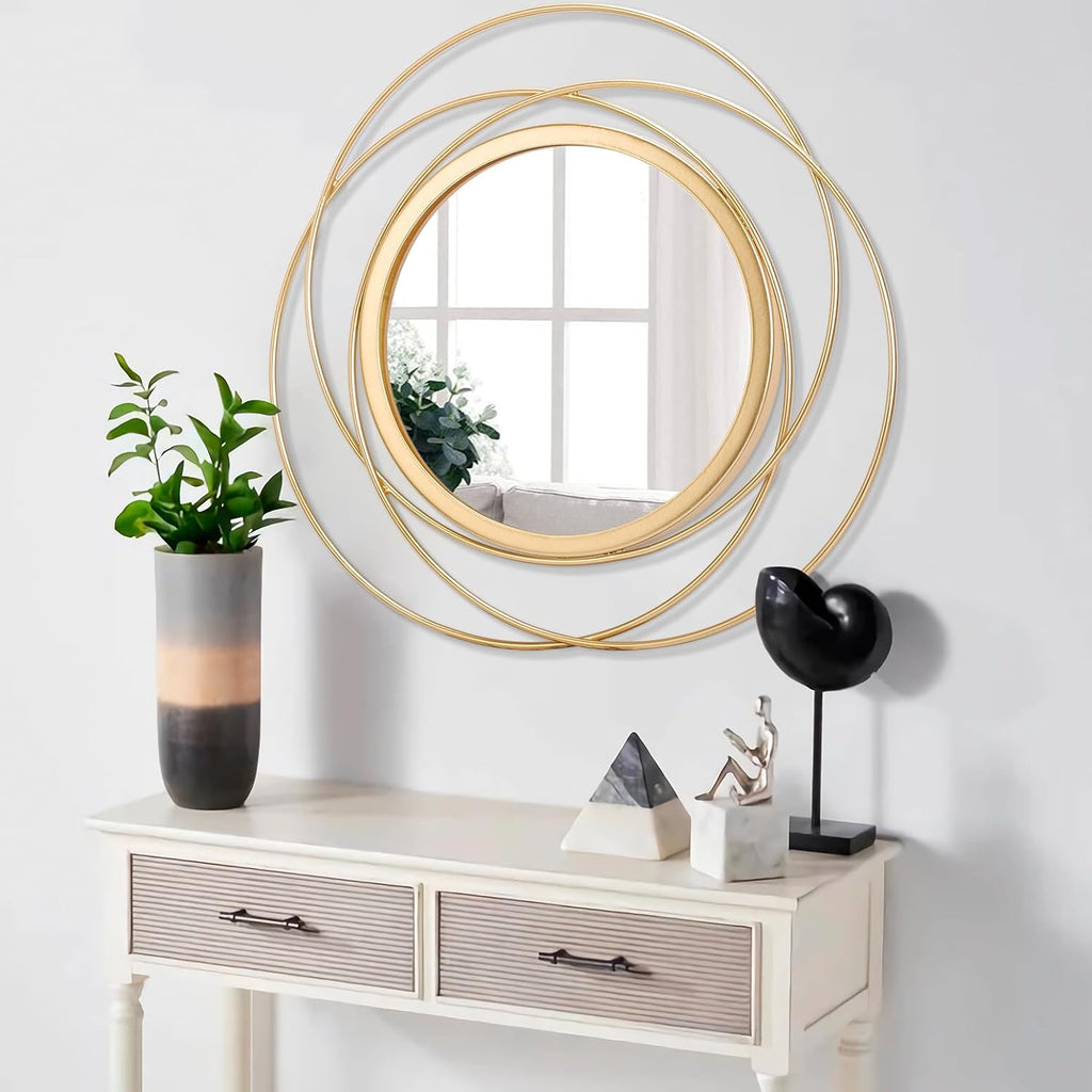Wall Mirror Mounted Gold Large Round Decorative Mirrors, Circle Metal Art Mirror Home for Bathroom Vanity, Living Room or Bedroom 60 x 60 cm 60L x 60W cm Circle&gold
