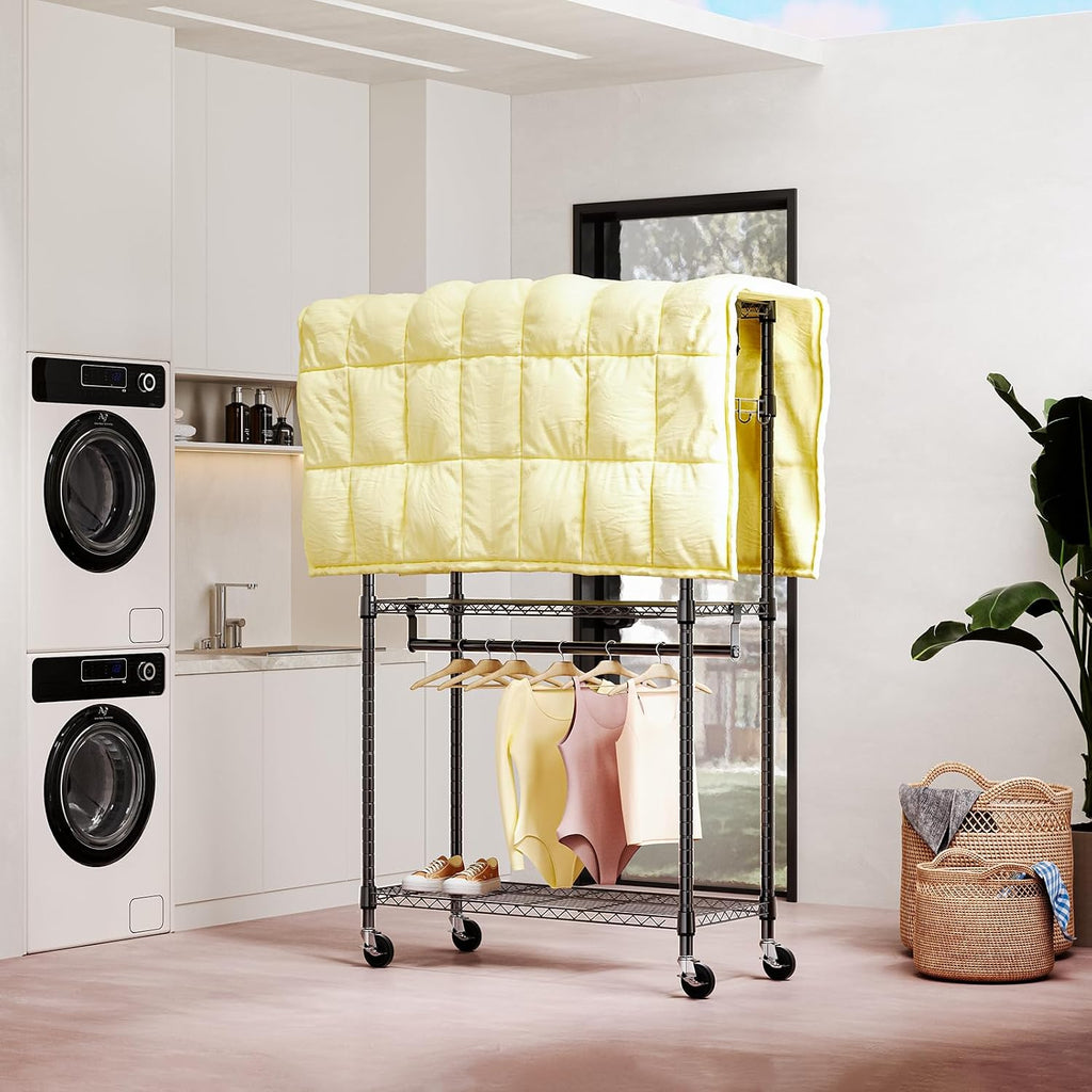 Heavy Duty Rolling Garment Rack 3 Tiers Adjustable Wire Shelving Clothes Rack with 2 Rods and Side Hooks,Storage Closet Clothing Rack with Wheels Black 40 x 75 x 189.3 cm