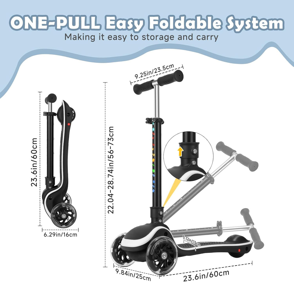 2 in 1 Scooter for Kids, 3 Wheel Toddler Scooter with Flip-able Seat, Easy Folding, Flashing Lights, Adjustable Height, Lean to Steer, Kick Scooter for Boys & Girls Ages 2-10 Black