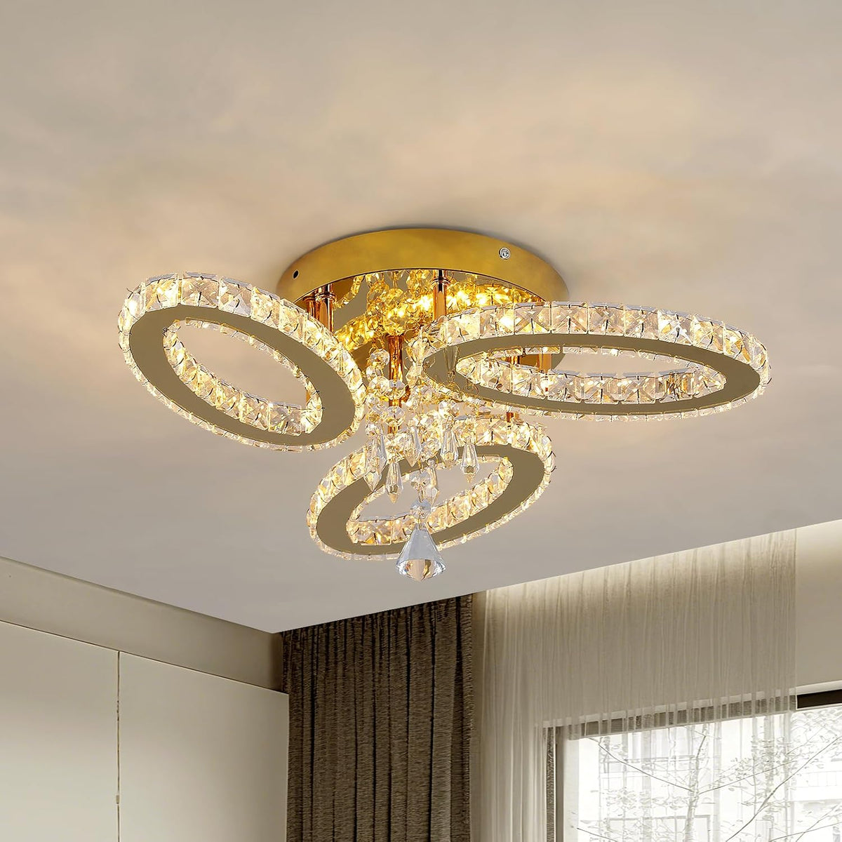 VETRULUS Crystal Chandelier Gold Flush Mount Light Dining Room Tri-Color