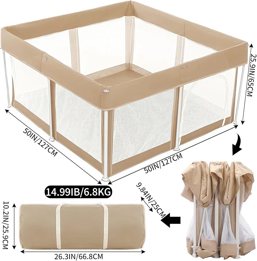 Foldable Baby Playpen,120×120cm Extra Large Collapsible Playpen for Babies and Toddlers, Indoor Outdoor Activity Center with Fence, Khaki