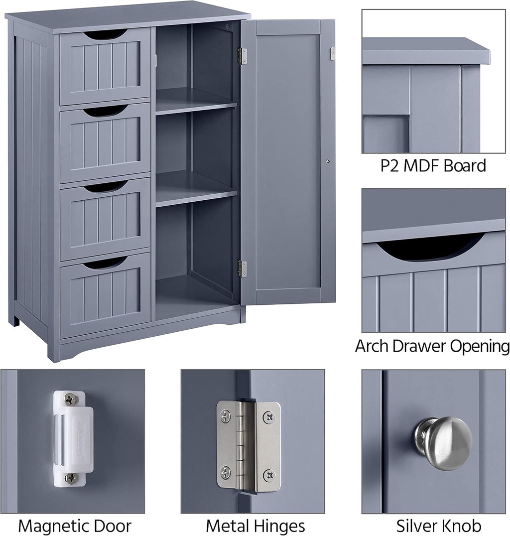 Bathroom Floor Cabinet, 4 Drawers & Door, Adjustable Shelf Gray