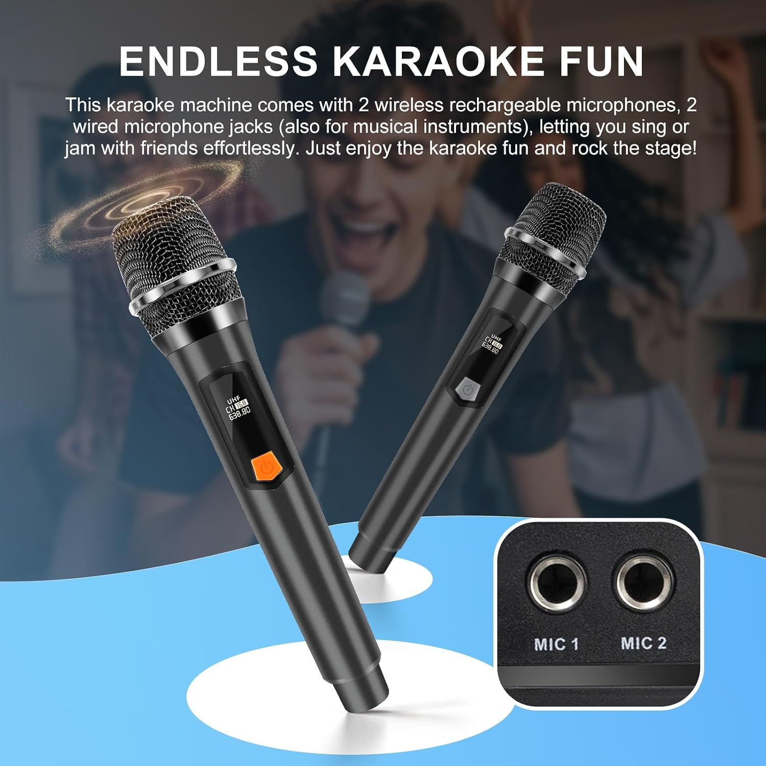 Bluetooth Karaoke Speaker with 2 Wireless Microphones – 40W Portable PA System with LED Lights, TWS Pairing, 6.5” Dual Woofers, Rolling Wheels, Rechargeable Battery - for Party/Home/Outdoor