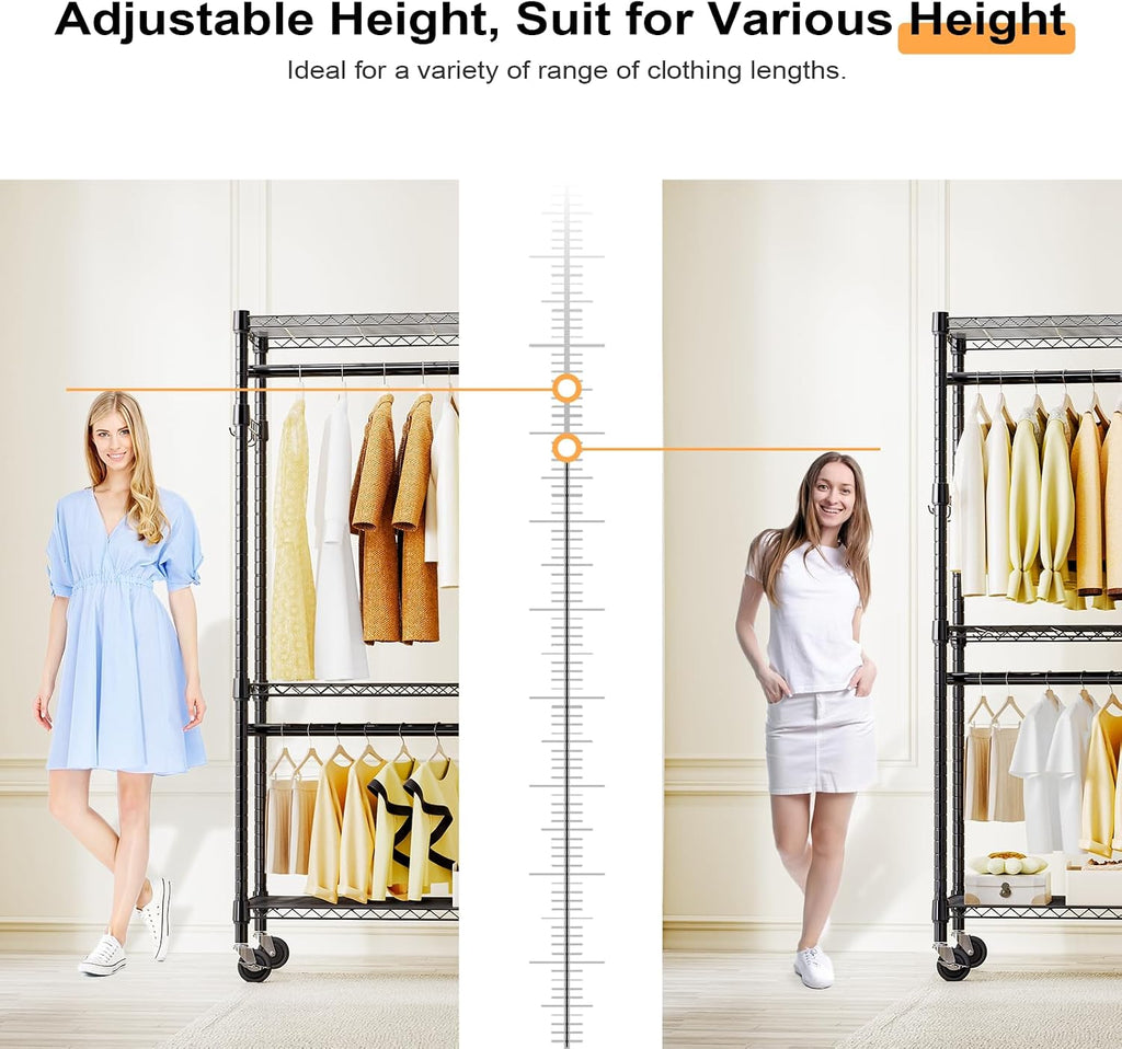 Heavy Duty Rolling Garment Rack 3 Tiers Adjustable Wire Shelving Clothes Rack with 2 Rods and Side Hooks,Storage Closet Clothing Rack with Wheels Black 40 x 75 x 189.3 cm