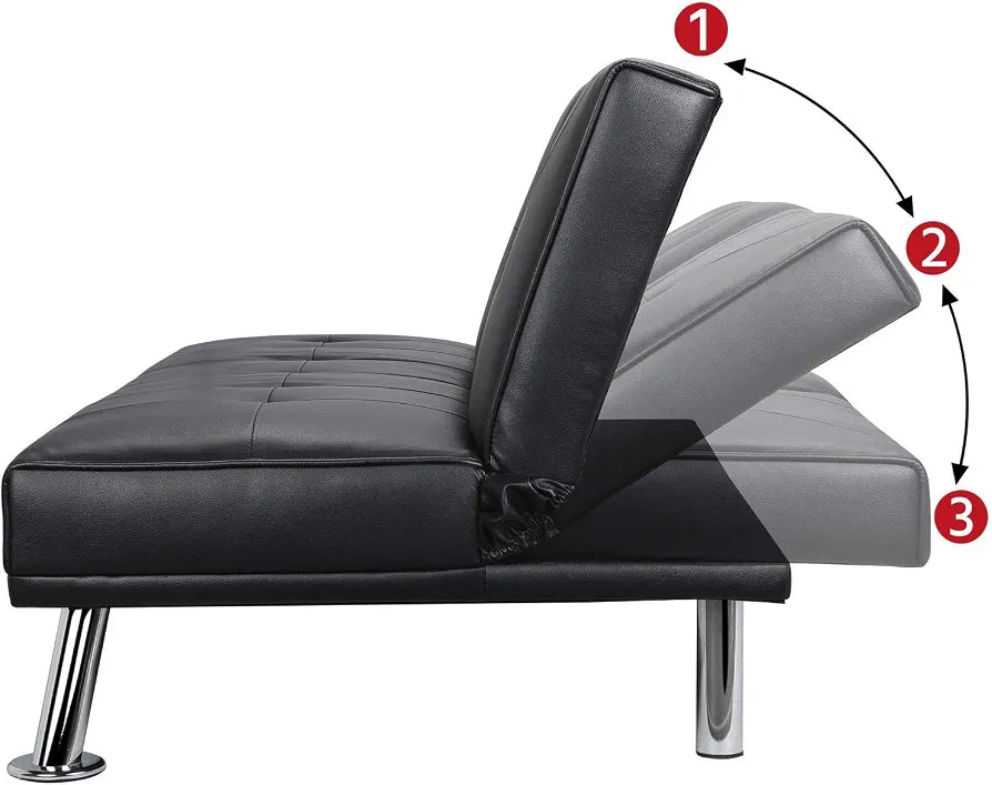 Yaheetech Click Clack Sofa Bed Faux Leather 3 Seater Sofa Couch Living Room/Spare Room/Guest Room Bed Settee With Cup Holders Black