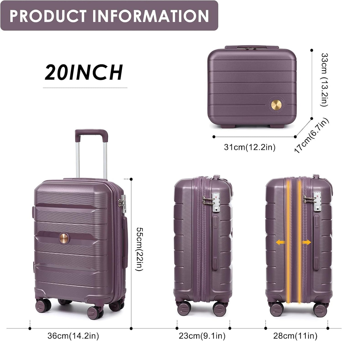Sea choice Luggage Set 2 Piece Suitcase Set Hard Shell Expandable Luggage with Wheels Hand Luggage Travel Suitcase with TSA Lock 8 Wheels Suitcase Expandable Suitcase Small