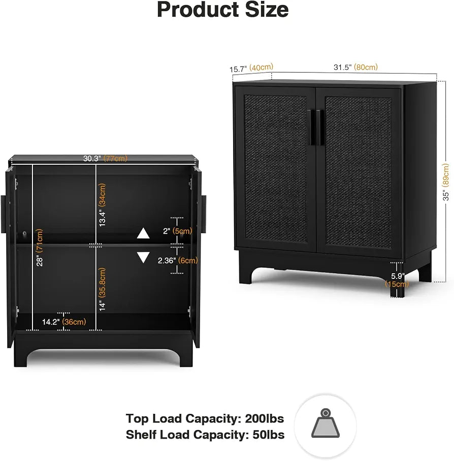 Rattan Sideboards for Living Room Black Kitchen Storage Cupboard