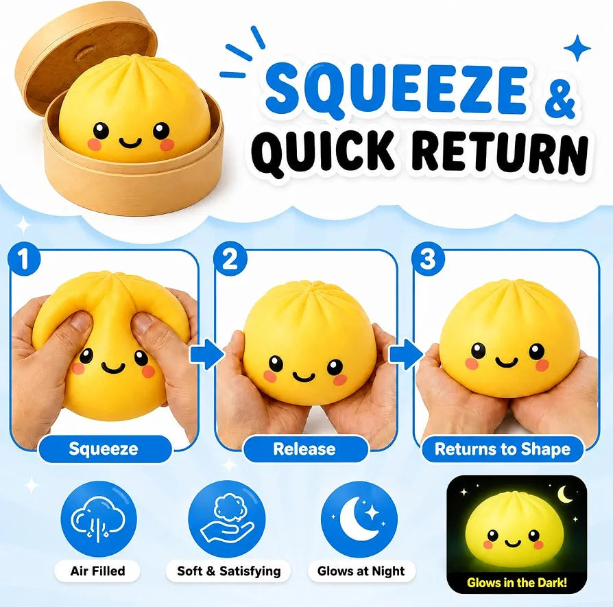 Glow in Dark Dumpling Toy 8.5cm - 1x Random Mystery Surprise Bao Bun Dumpling with Steamer Box, Air Filled Squishy Viral Dumpling, Fidget Toys for Kids 3+