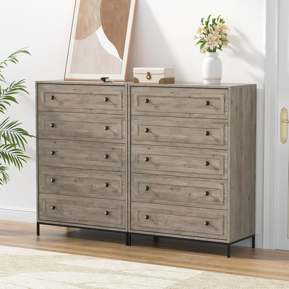 Chest of Drawers, Wood 5 Drawers Cabinet for Bedroom, Storage Unit with Metal Legs, Large Clothes Storage Dresser Organizer for Living Room Hallway, 115x80x40cm