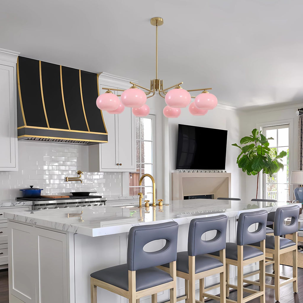 KCO Lighting Vintage Pink Glass Sputnik Chandelier with 8 Lights, Modern Living Room Brushed Brass Semi-Flush Mount Chandelier for Kitchen Island