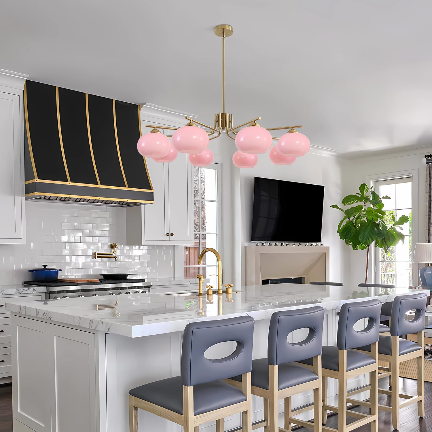 KCO Lighting Vintage Pink Glass Sputnik Chandelier with 8 Lights, Modern Living Room Brushed Brass Semi-Flush Mount Chandelier for Kitchen Island