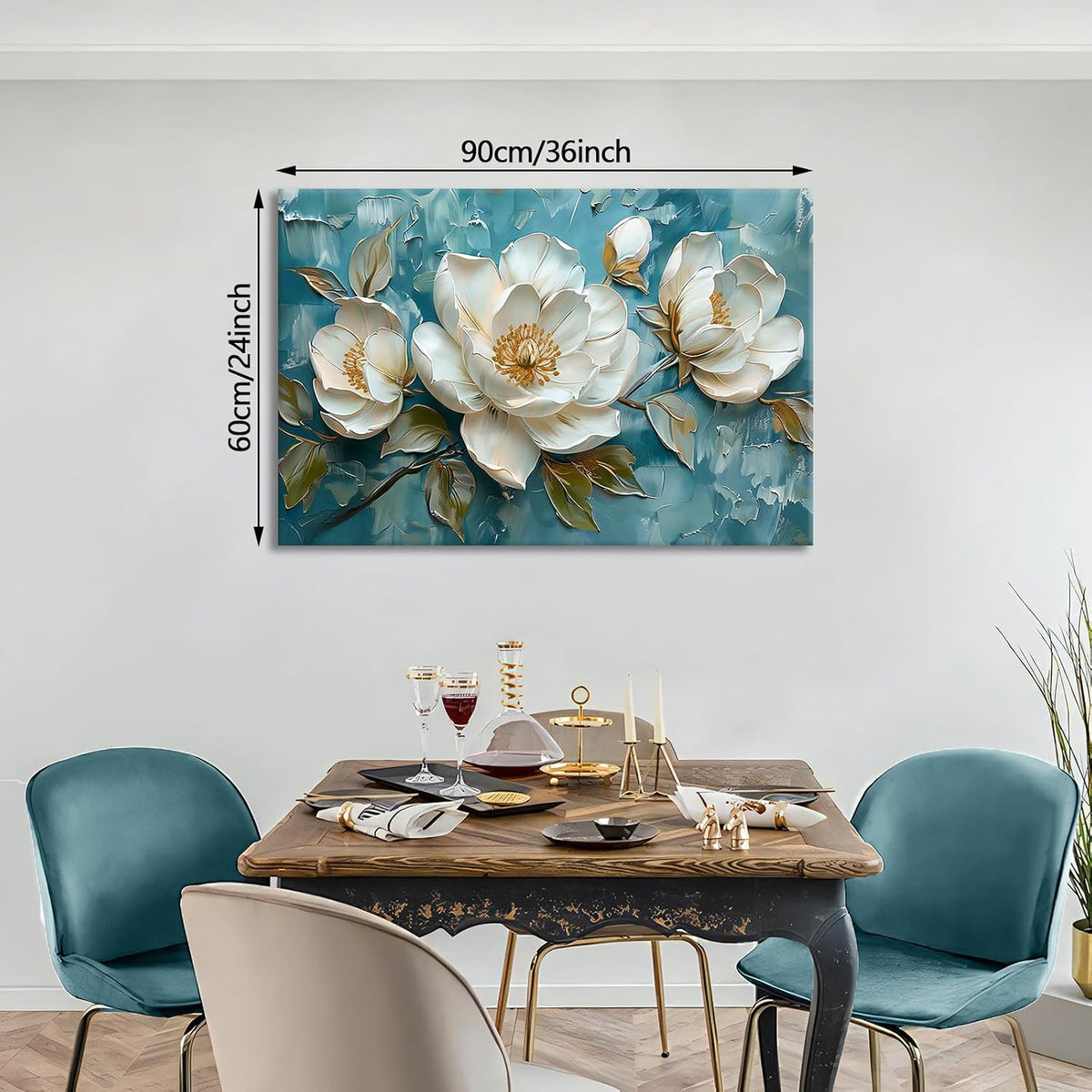 FajerminArt Framed Large White Peony Flowers Canvas Wall Art Vintage Blue White Floral Canvas Prints Painting Wall Artwork Picture for Living Room Bedroom Home Decorations Ready To Hang 24"x36" White Peony Flowers 90L x 60W cm