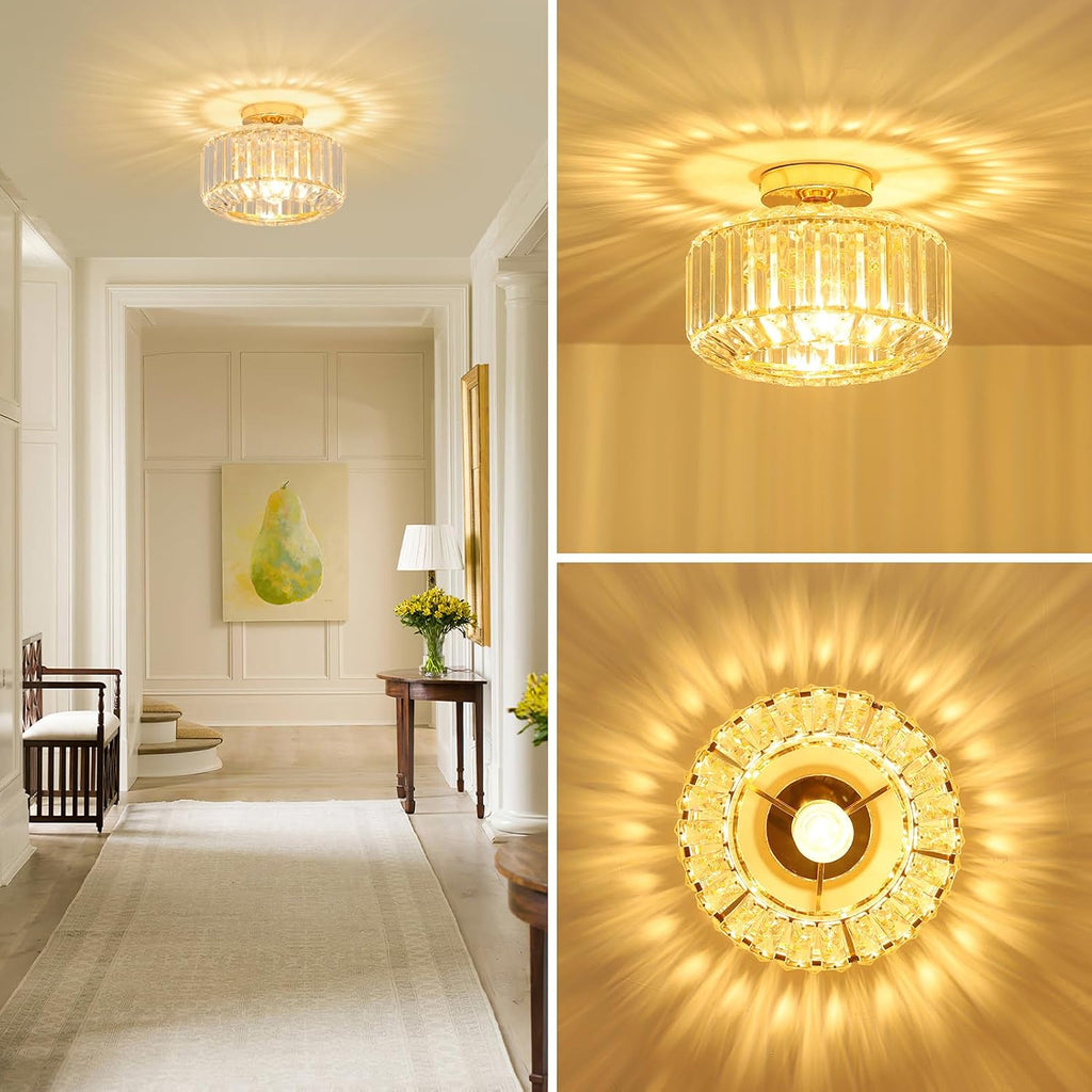Rayofly Modern Crystal Chandeliers, Gold Ceiling Light Fitting with Glass Lampshade, Semi Flush Lights for Living Room, Bedroom, Kitchen, Hallway, Bathroom