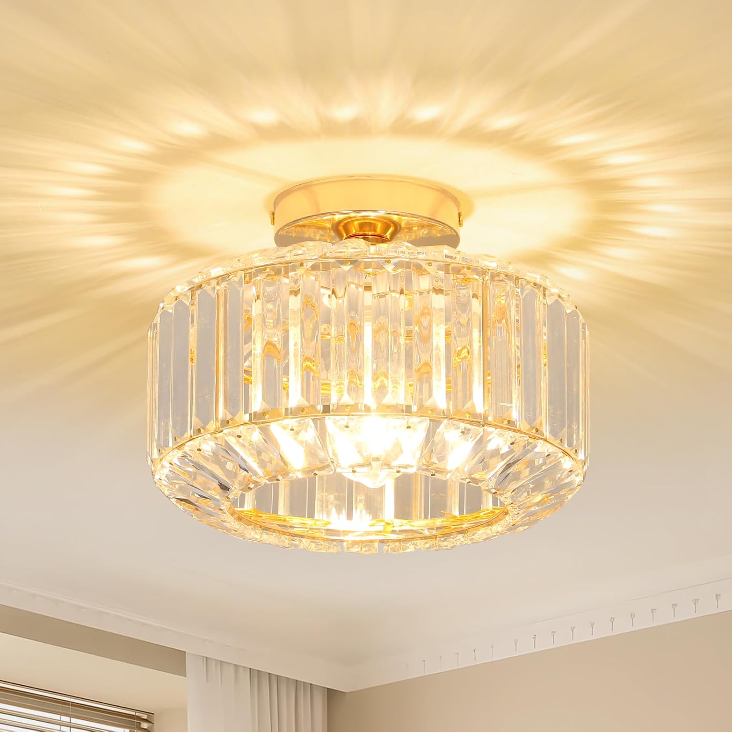 Rayofly Modern Crystal Chandeliers, Gold Ceiling Light Fitting with Glass Lampshade, Semi Flush Lights for Living Room, Bedroom, Kitchen, Hallway, Bathroom