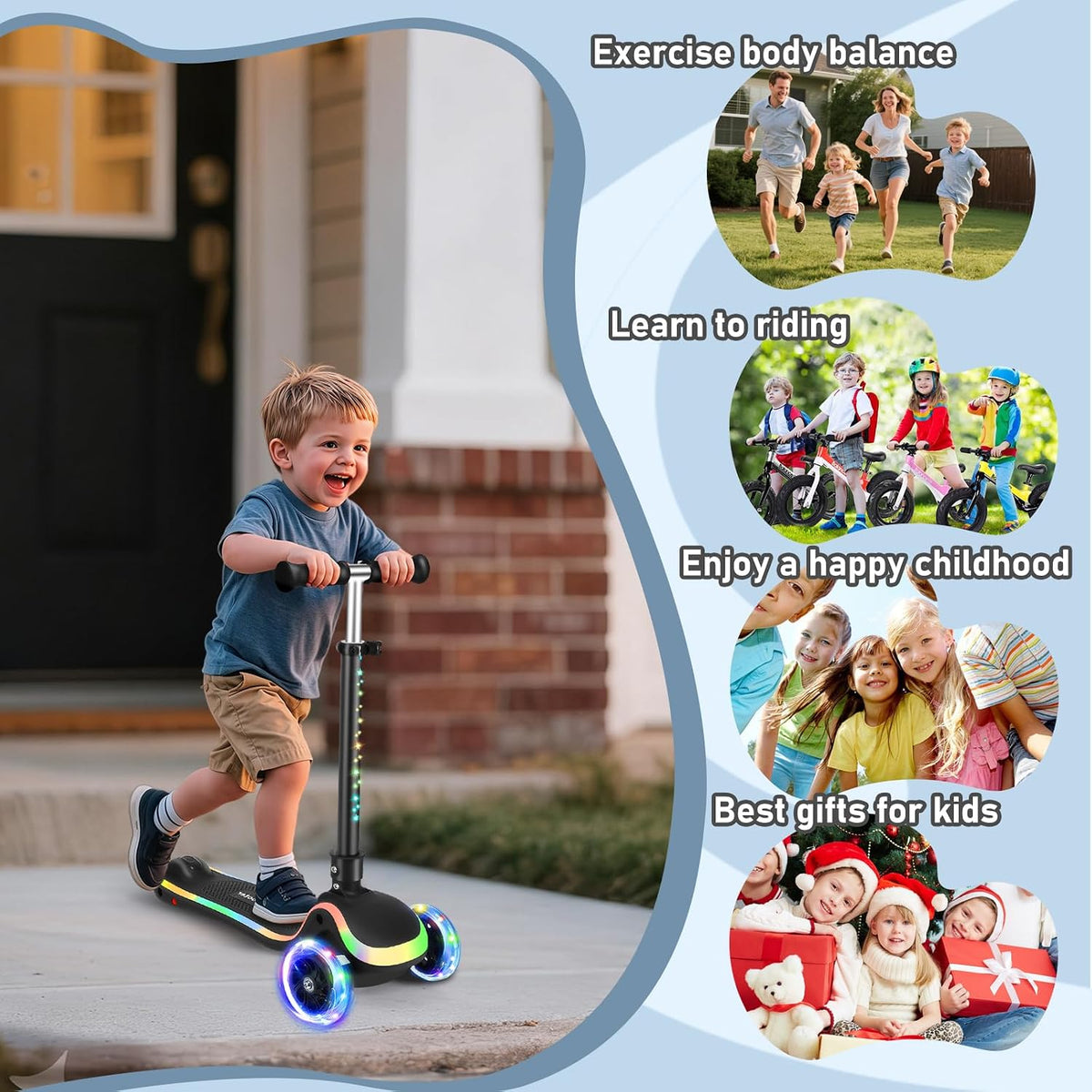 2 in 1 Scooter for Kids, 3 Wheel Toddler Scooter with Flip-able Seat, Easy Folding, Flashing Lights, Adjustable Height, Lean to Steer, Kick Scooter for Boys & Girls Ages 2-10 Black