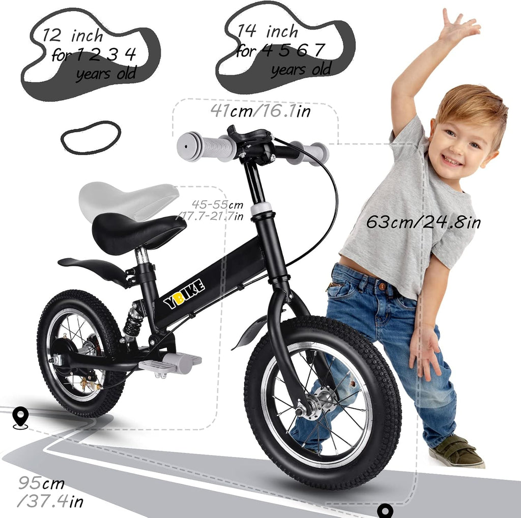 YBIKE 2 in 1 Balance Bike, 12 14 Inch Kids Bike, Suitable for 2-7 Years Old, Kids' Balance Bike with Pedal, Shock Absorber, Fenders, Brakes, 4 Colors Training Bike