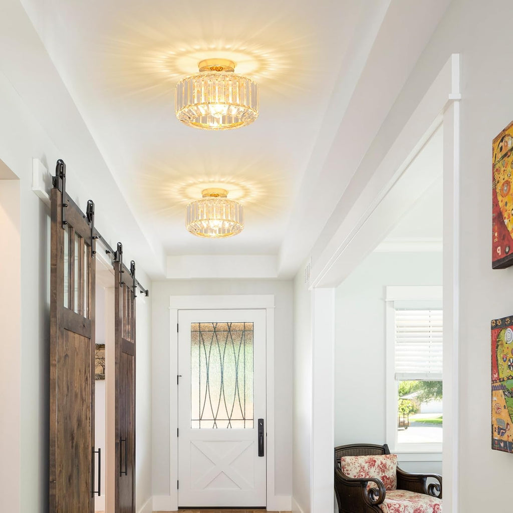 Rayofly Modern Crystal Chandeliers, Gold Ceiling Light Fitting with Glass Lampshade, Semi Flush Lights for Living Room, Bedroom, Kitchen, Hallway, Bathroom