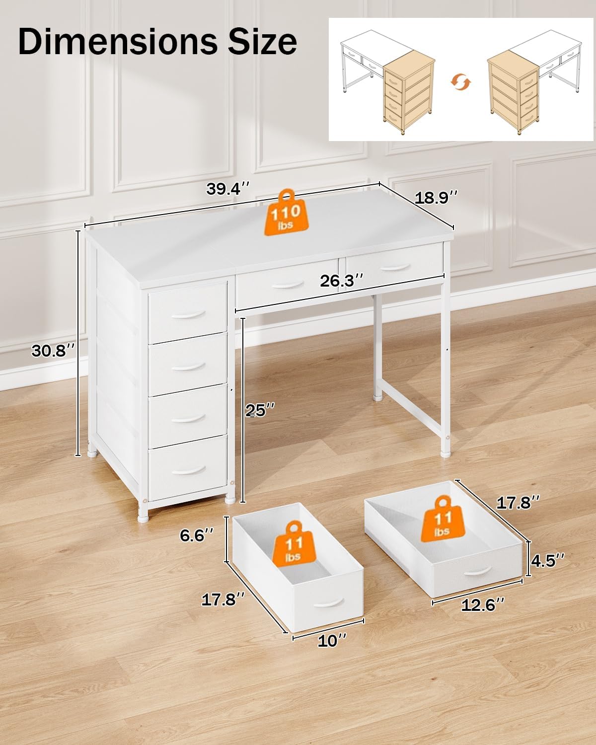 MUTUN 100x48 cm Desk, Small Computer Desk with 6 Fabric Drawers, Reversible Home Office Desk with Adjustable Feet, Work Desks for Office, Study, Vanity Table for Bedroom, White