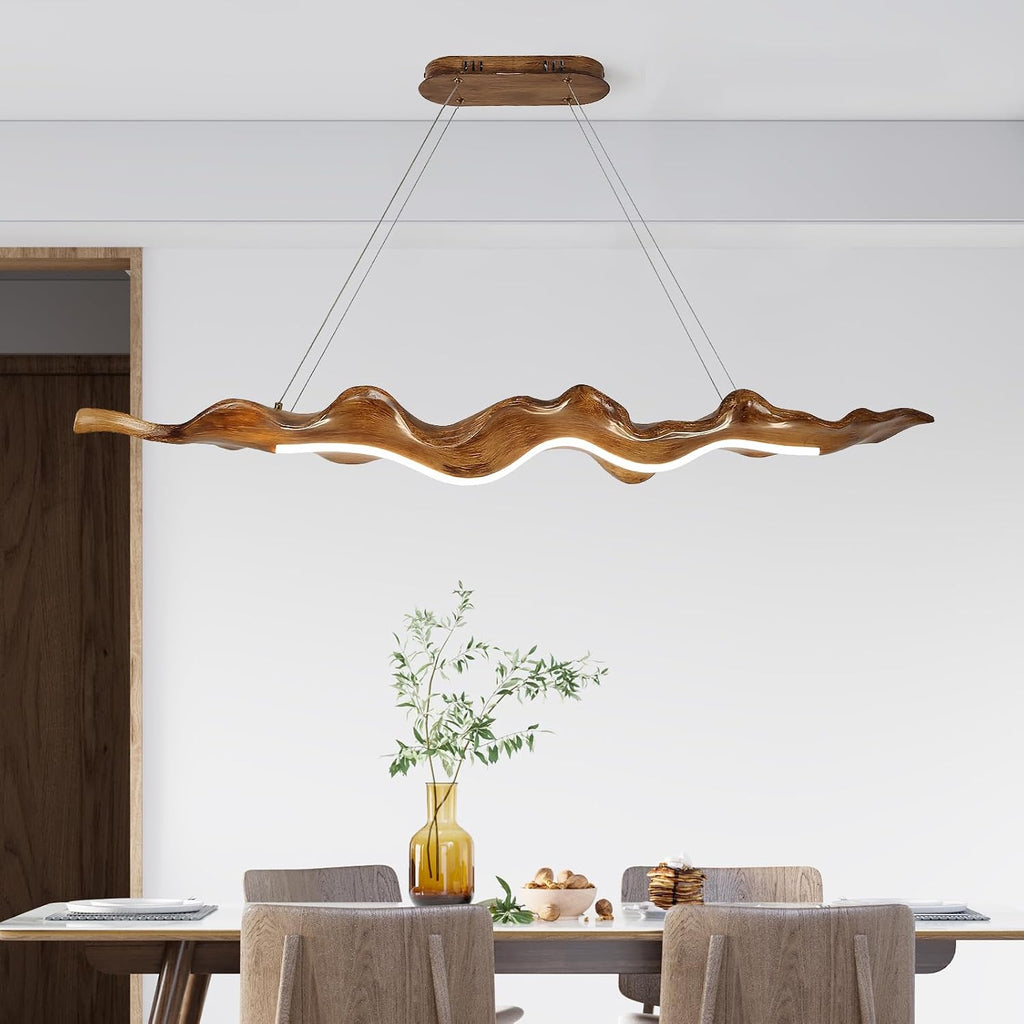 52W Kitchen Island Pendant Light 3000K-6000K Dimmable Chandeliers Hanging Lamp Adjustable with Remote Control, Wood Leaf Style LED Lighting for Kitchen Bedroom Study, 100Cm